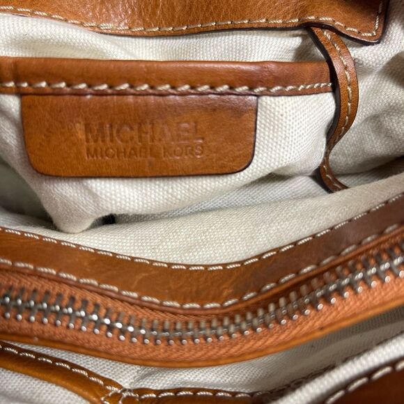 Michael Kors Monogram Blue canvas medium Satchel with leather tan trims &straps - Picture 8 of 12